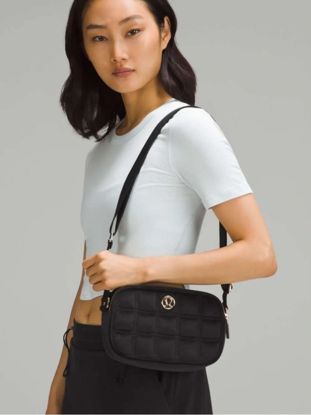 lululemon athletica Black Quilted Crossbody with Rose Gold Logo